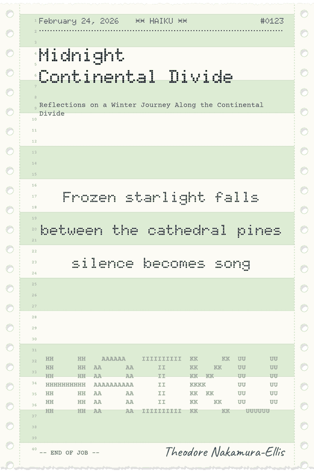 Mainframe haiku: a green-bar printout with sprocket holes and a banner page