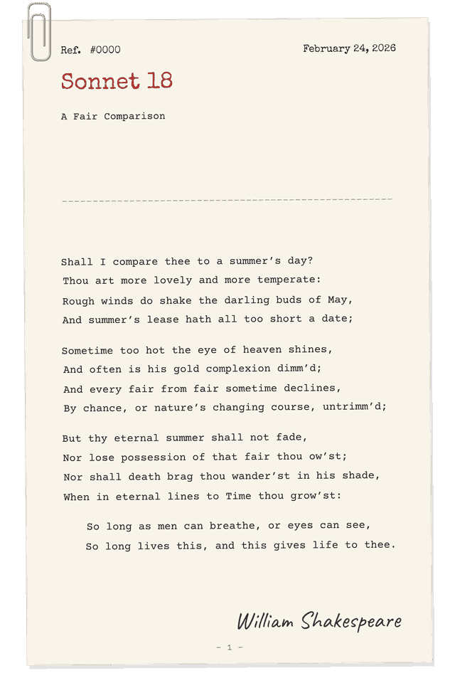 Typewriter sonnet: a typed sheet held by a paper clip, the title in red ribbon